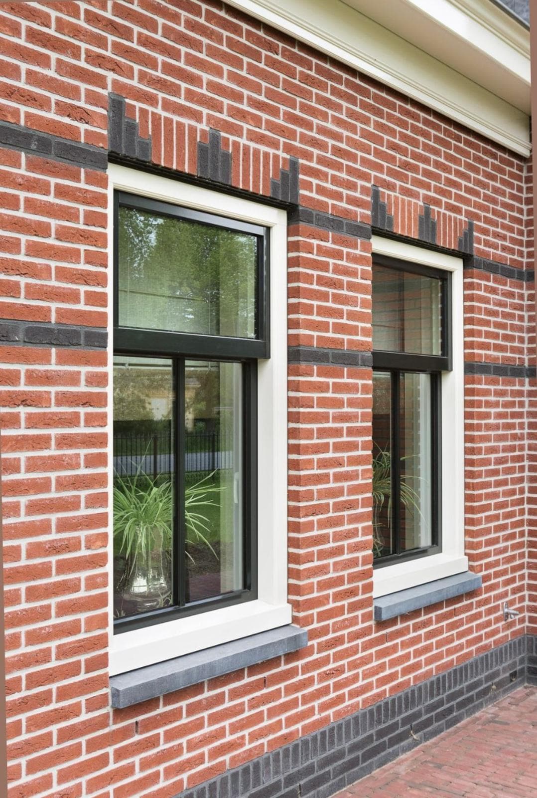 Kozijnen in een gevel van rode baksteen